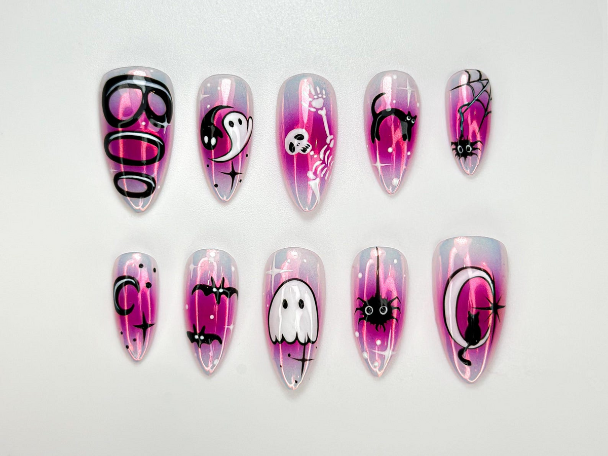 Cute Halloween Glow Press On Nails Pink Spooky Ghost Nail Art Glow in Dark Cat & Bat Nails Adorable Halloween Press Ons
