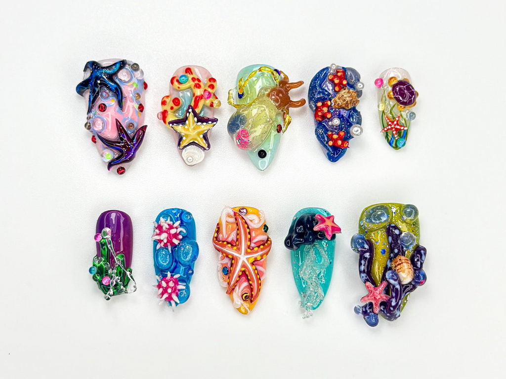 3D Starfish Coral Press On Nails Deep Sea Ocean Press Ons Mermaid Jellyfish Underwater Nail Art| Handcrafted Summer Beach Nail