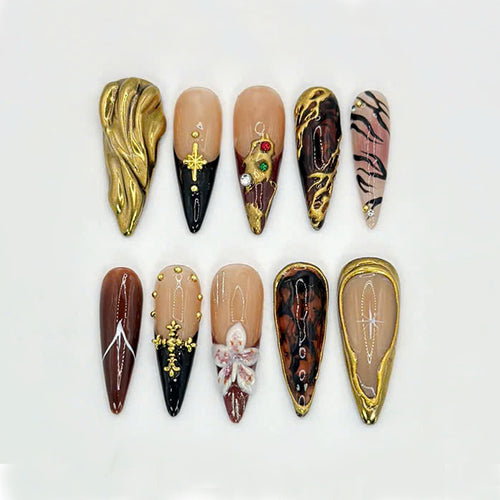 Glamorous Golden Press On Nails, Tortoise Shell And Gold Accents, Handcrafted Luxury