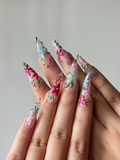 Spring Glass Floral Press On Nails Hand Painted Flower Nails Pastel Stiletto Nails Elegant