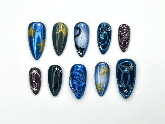 Cosmic Carnival Press On Nails, Galaxy Swirl And Moon Nail Art, 3D Star And Character