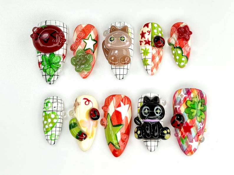 Kawaii Cat & Ladybug Press-On Nails 3D Cute Nail Art Funky Kawaii Fake Nails|Cat Leaf Ladybug Kawaii NailsKawaii Fun Nail SetOB784YC