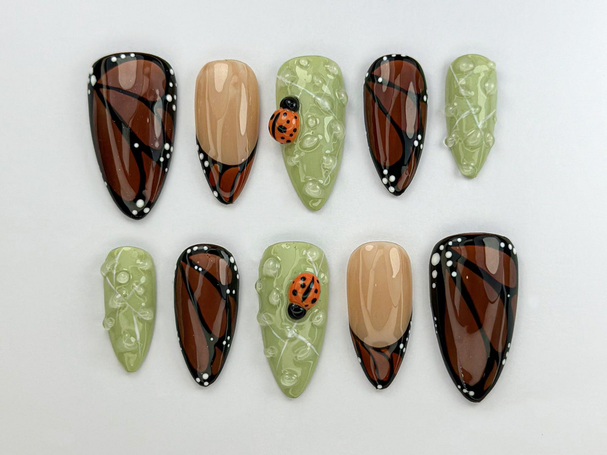 Monarch in Bloom Press On Nails Butterfly & Bug Inspired Press Ons Green And Brown Nail Art Spring Nature Press On Nails OB741H