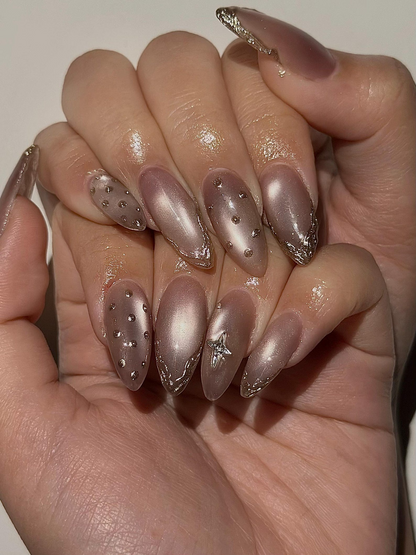 Luxury Cat Eye Press On Nails, Luxury Gold Foil Trim Fake Nails, Elegant Nude Shimmer
