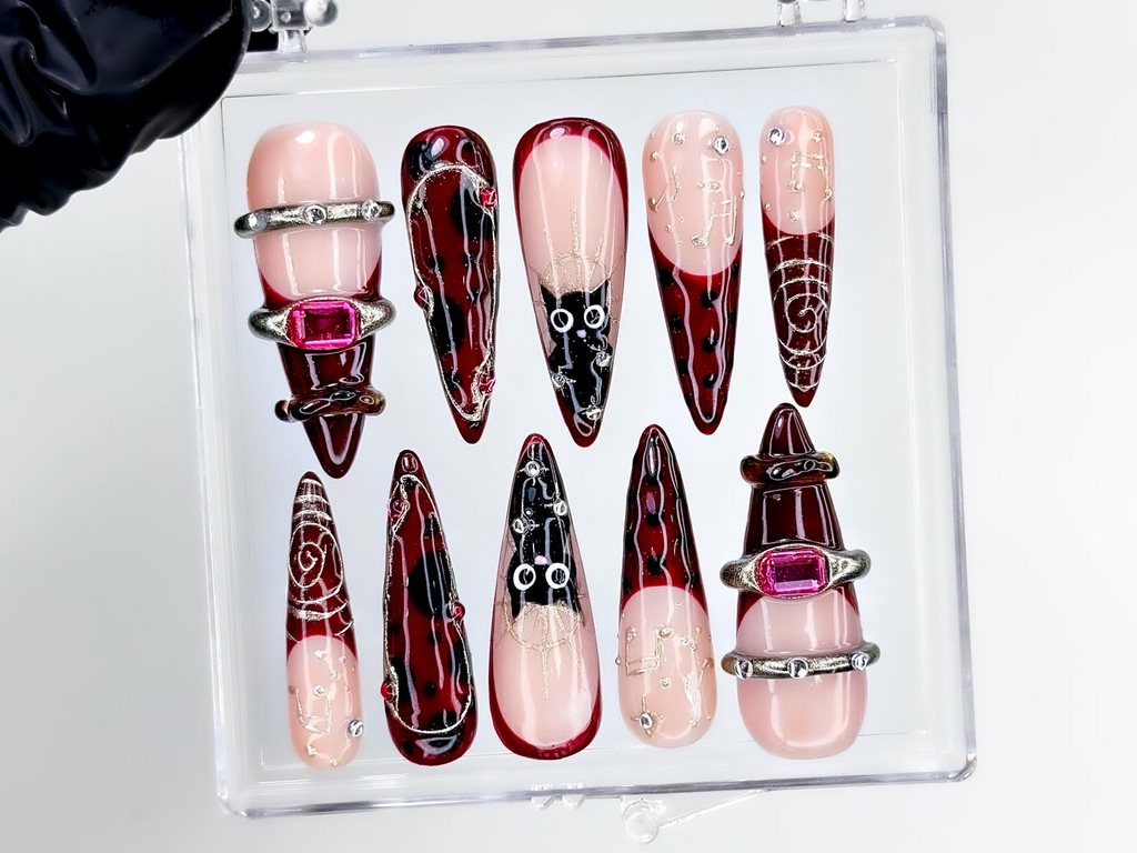 Gothic Ruby Witch Press On Nails Red Black Sorcery Nail Art 3D Ring Accents & Mystic Symbols Luxury Dark Glam Set