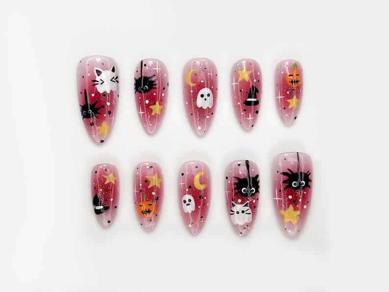 Spooky Kawaii Halloween Press On Nails, Pink Ghost & Pumpkin Nail Art, Cat and Witch Hat