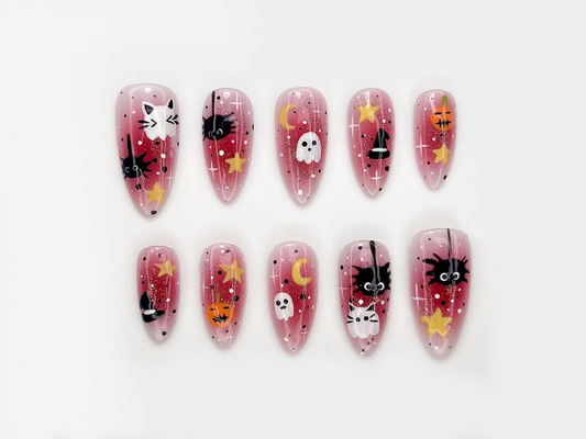 Spooky Kawaii Halloween Press On Nails, Pink Ghost & Pumpkin Nail Art, Cat and Witch Hat