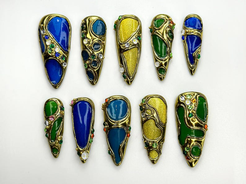 Luxury Gemstone Press On Nails Blue, Green & Amber Enamel Stones Detail Jewel-Encrusted Nail Set Gold Jewel Nail Art OB790HC