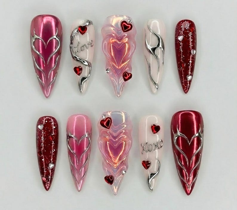 Red Pink Heart Press On Nails Valentine Nail Wraps| Y2K Heart Nail Art Handmade Statement Press Ons Valentine Nails