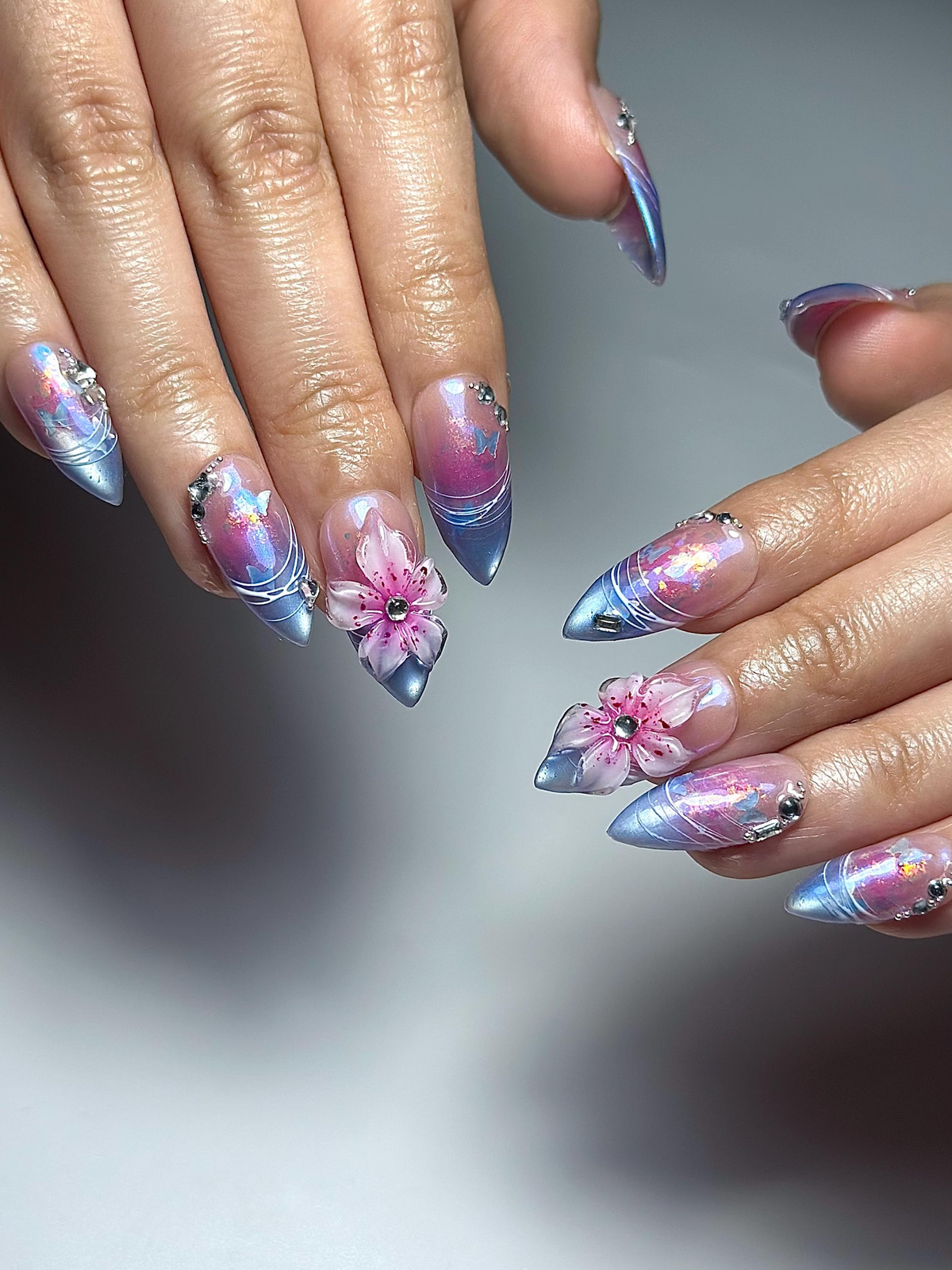 Aurora Galaxy Floral Press On Nails Iridescent Chrome Stiletto Nails 3D Sakura Flower