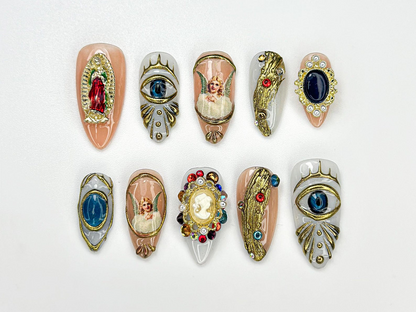 Vintage Religious Press On Nails Angel Eye Nail Art Baroque Religious Style Nail Vintage Gemstone Nail Statement Luxe Nail