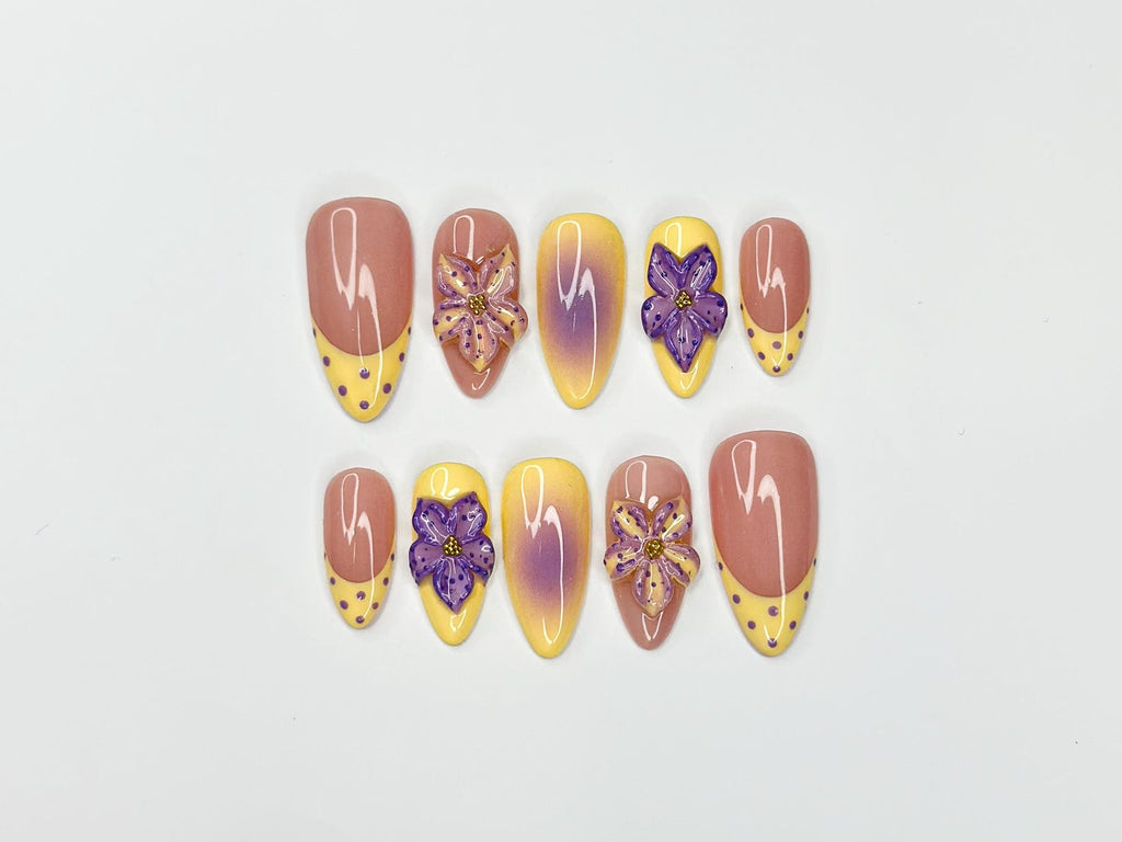 Pastel Sunset Bloom Press On Nails, 3D Purple Flower Nails, Yellow Ombre Nails, Soft