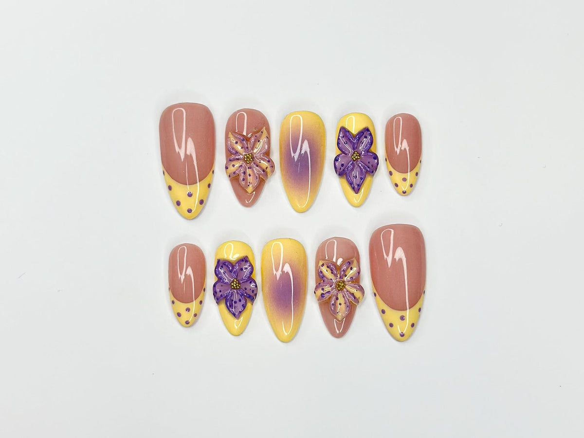 Pastel Sunset Bloom Press On Nails, 3D Purple Flower Nails, Yellow Ombre Nails, Soft