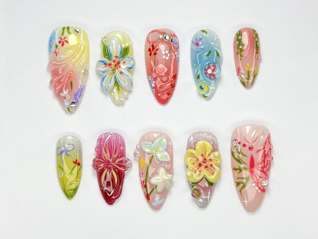 Spring Garden Bloom Press On Nails Colorful Floral 3D Nail Art Soft Pastel Press Ons Handmade Elegant Set for Spring & Summer|OB751HK
