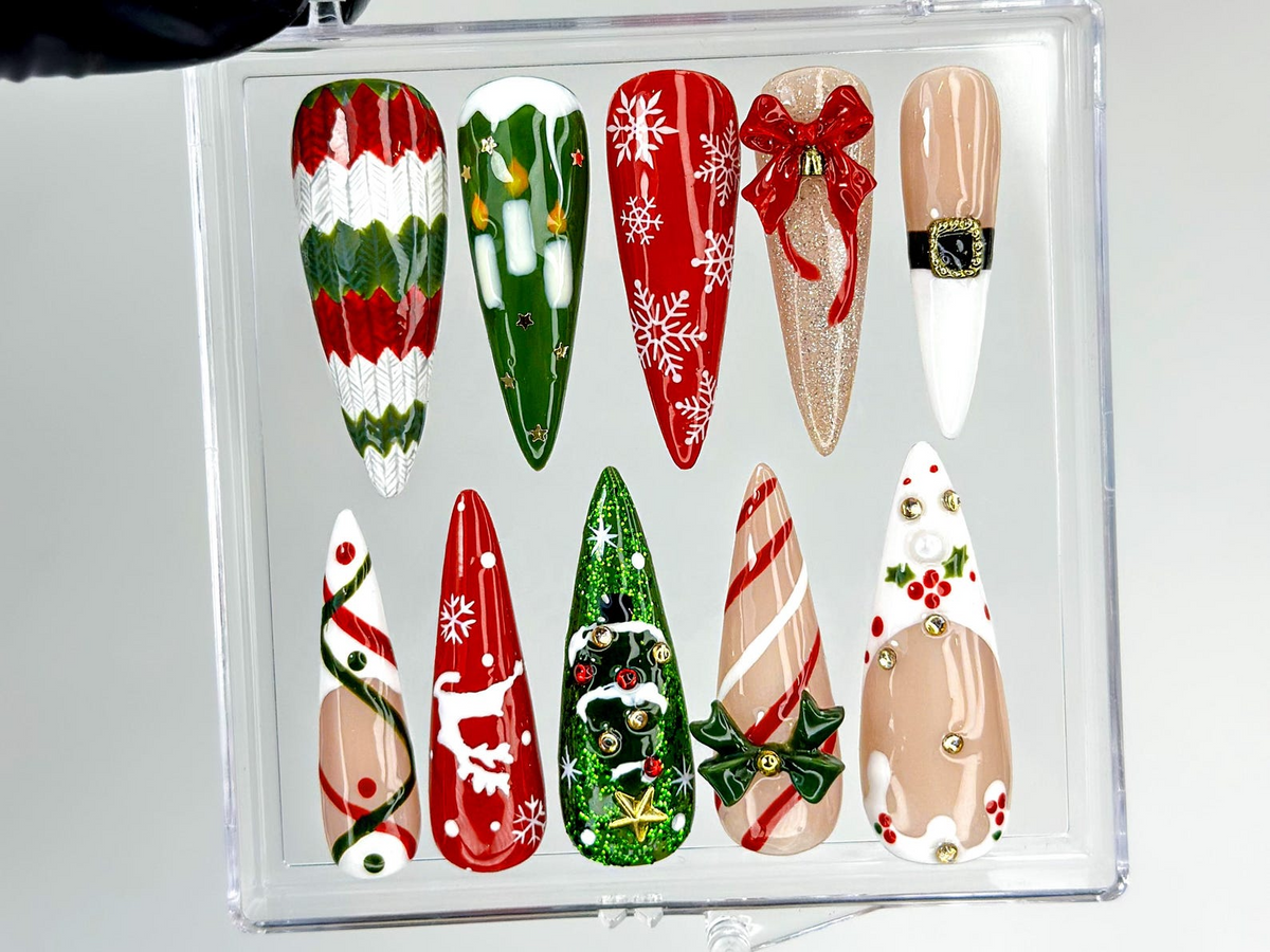 Cozy Knit Christmas Press On Nails Red Green Holiday Nail ArtFestive Tree & Ribbon Design