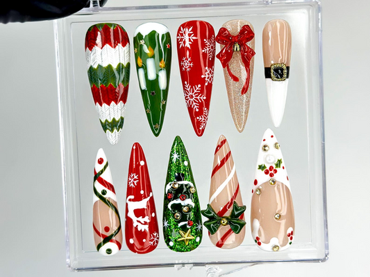 Cozy Knit Christmas Press On Nails Red Green Holiday Nail ArtFestive Tree & Ribbon Design