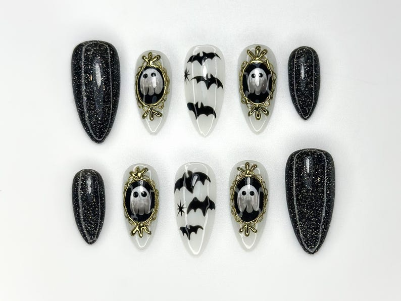 Haunted Mirror Ghost Nails, Gothic Halloween Press Ons, Black Glitter & Bat Nail Art