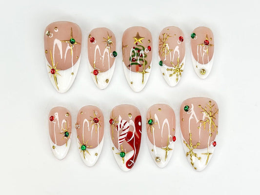 White French Christmas Press On Nails Red Green Gold Holiday Press Ons Christmas Tree & Candy Cane Nails Elegant Winter Nail