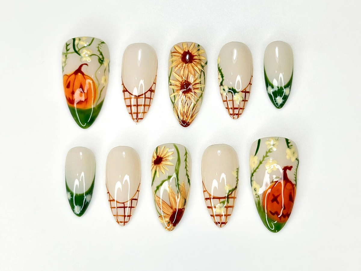 Autumn Pumkin Press On Nails, Pumpkin Sunflower Nail Art, Fall Rustic Farm Nails, Handmade