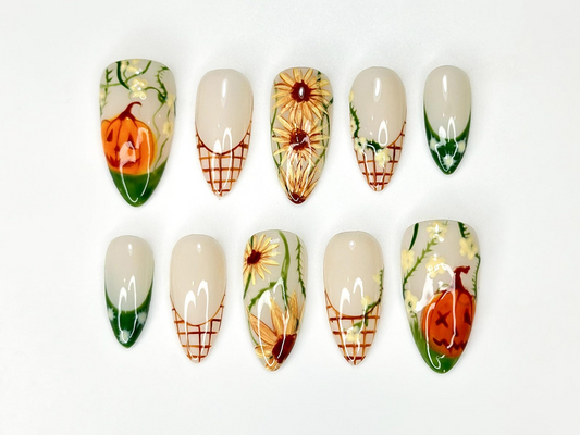 Autumn Pumkin Press On Nails, Pumpkin Sunflower Nail Art, Fall Rustic Farm Nails, Handmade