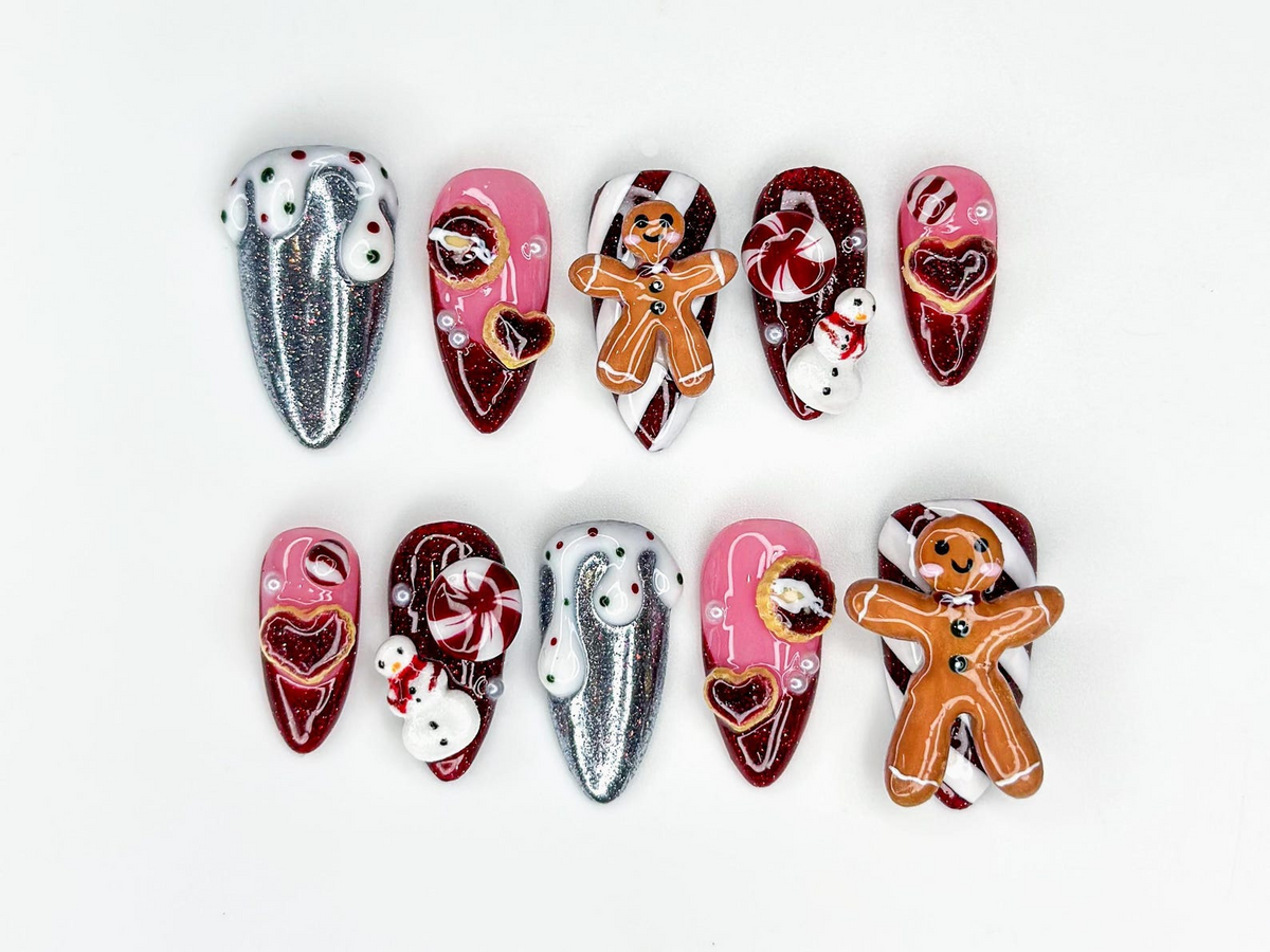 Gingerbread Red Christmas Press On Nails 3D Christmas Cookie Nail Peppermint & Snowman Holiday Nails| Red Glitter Festive Nails