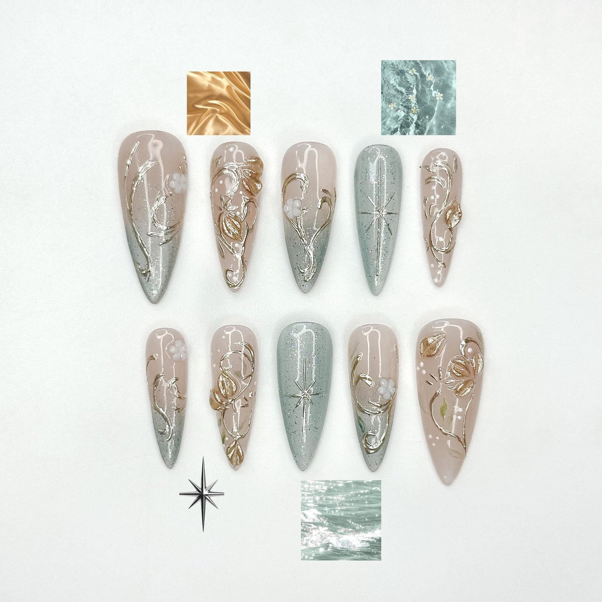 Elegant Gold Floral Cat eyes Nails, Nude Sage Blue Nails, Luxury Minimal Nails, Jasmin