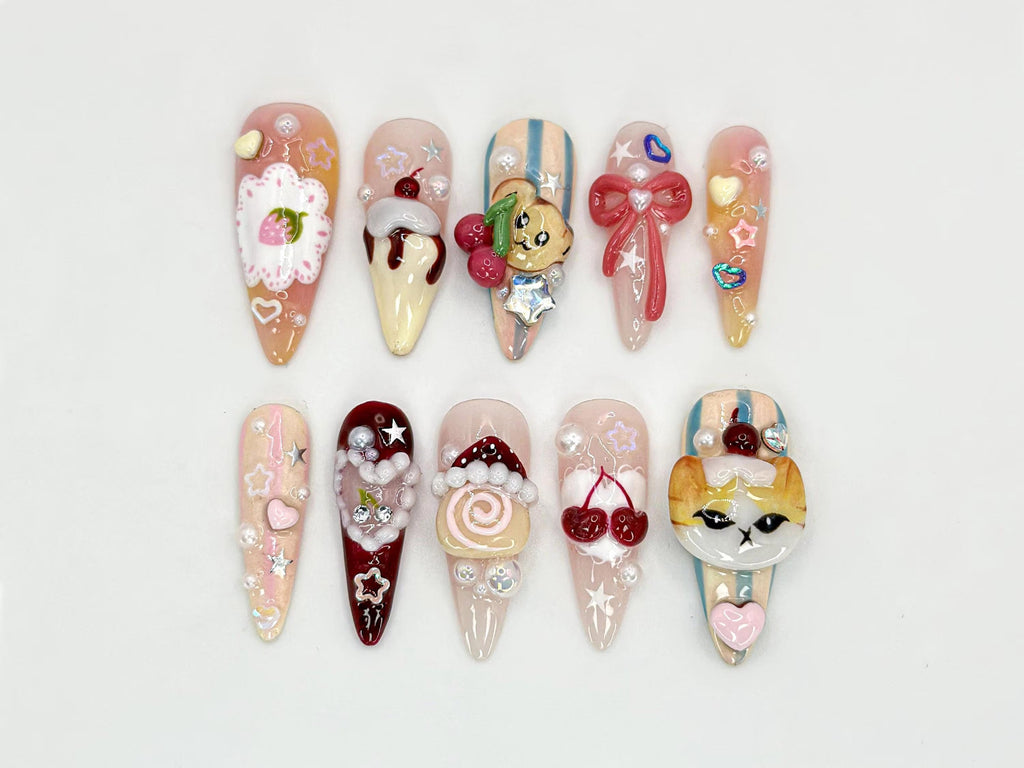 Kawaii Dessert Cat Press-On Nails Handmade Cute Cat Nail Art Cute 3D Kawaii Dessert Nail 3D Handmade Nail Elegant Nail Art OB593HC