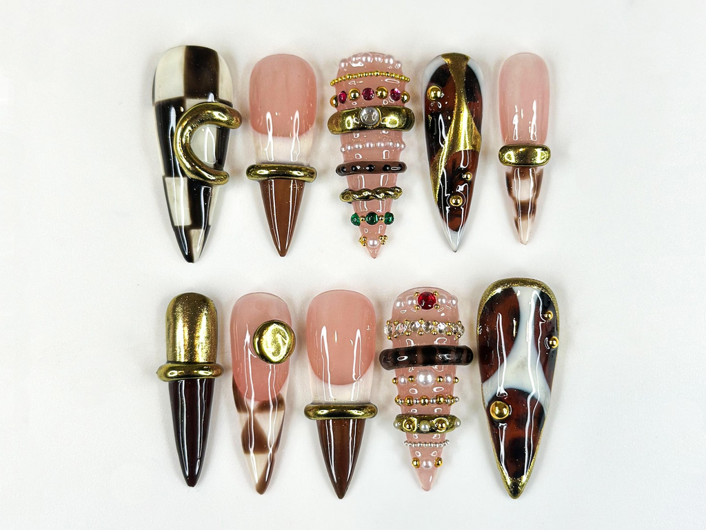 Brown Gold Luxe Press On Nails, Sculptural Ring Nail Art, Luxury Jewelry Inspired Nails