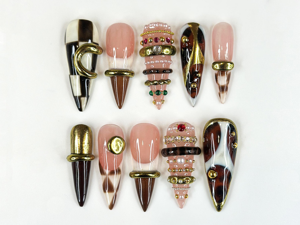 Brown Gold Luxe Press On Nails, Sculptural Ring Nail Art, Luxury Jewelry Inspired Nails