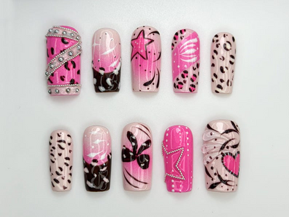 Pink Y2K Leopard Press On Nails Rhinestone Star Design Heart & Animal Print Nails Bold Pink Chrome Nail Art| Trendy Y2K Nails