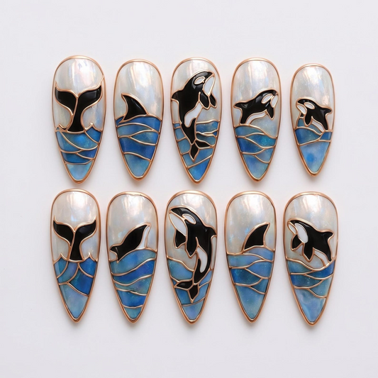 Ocean Press On Nails Summer, Shark and Orca Nail Art Handmade Marine Life Nails Coastal