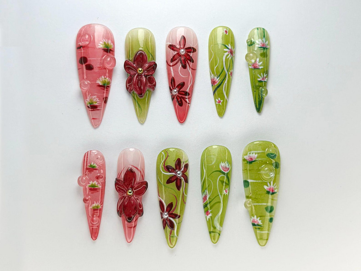 Spring Bloom Press-On Nails Handmade Lotus Blossom Nail Set Pink & Green Lotus Nail Art Nature-Inspired NailsOC720HC