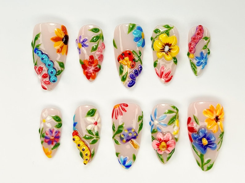 Colorful Flower Press-On Nails Spring Flower Press Ons 3D Flowers Fake Nails| Perfect for Special Occasions Summer CollectionOB759YC