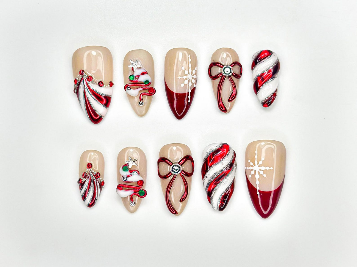 Christmas Candy Cane Press On Nails by DoryNails Red Chrome Bow & Snowflake Nail Art Holiday Party Nails Gift for Her