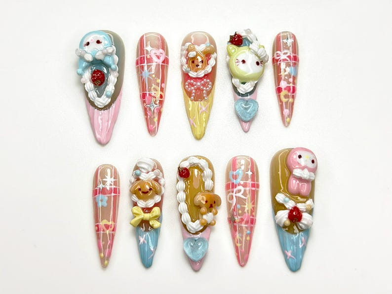 Pastel Fairy Kei Press On Nails 3D Cartoon Bear Bunny Nail Art Harajuku Kawaii Fake Nails Cute 3D Kawaii Nails cute cute nails