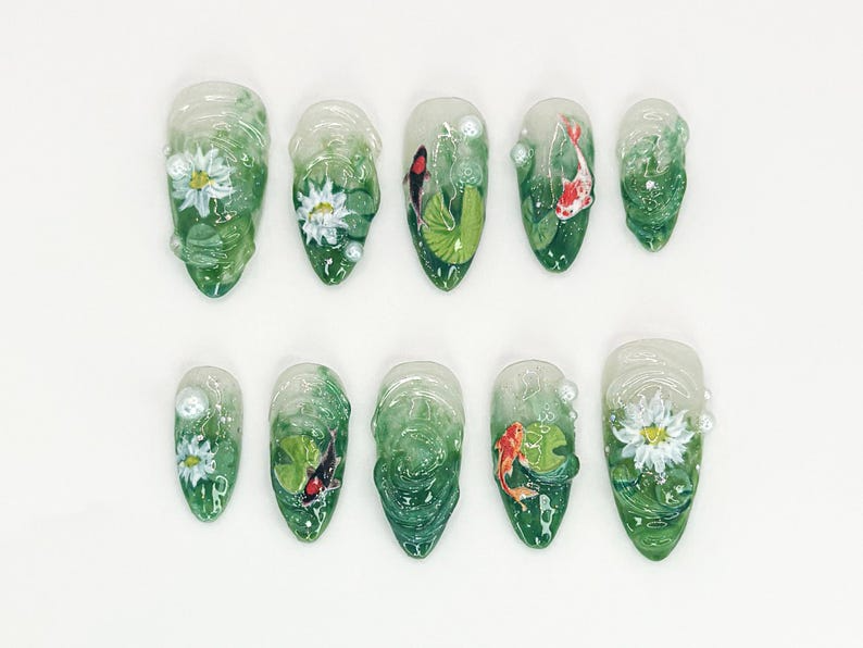 Nature Koi Fish Press On Nails Realistic Pond & Fish Nail Design Natural Landscape Nail Art Custom Hand-Painted Green Nails OB669HC