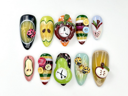 Fruity Fun Press On Nails 3D Fruit Bug Nail Art Clock Design Cute Kawaii Nails Colorful Handmade Fake Nails Summer Nails OA802YC