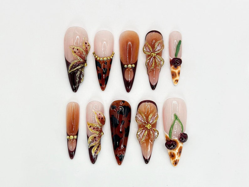 Brown Tortoise Shell Press-On Nails Handmade Gold Floral Accent Nails Tortoise Shell and Cherry Design Brown Ombre Accents OB652H