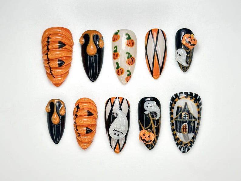 Pumpkin Haunted Night Press On Nails 3D Ghost Pumpkin Nail Art Handmade Halloween Nail