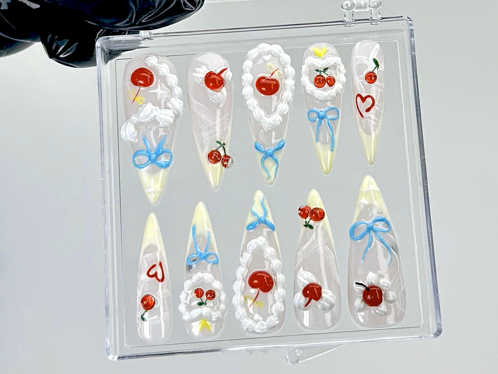 Cherry Whipped Cream Press On Nails Cute Fruit Fake Nails Sweet Cherry Delight Nail Art Fun Summer Nails Kawaii Nails OB906YC