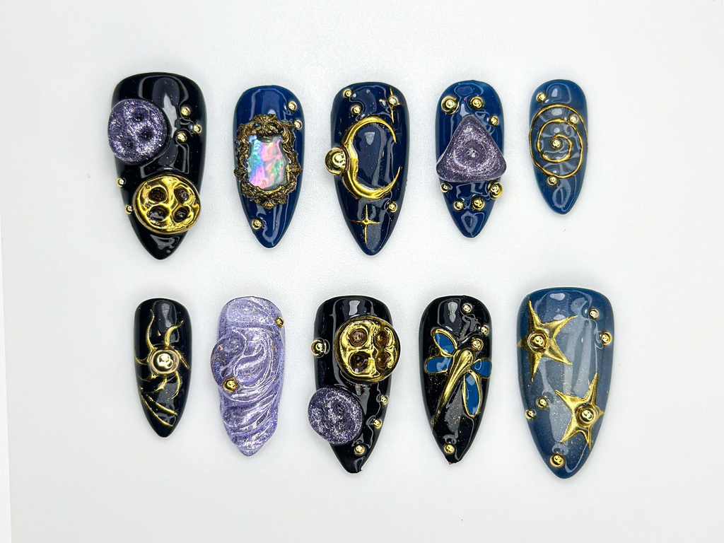 Cosmic Galaxy Press On Nails Celestial Moon Star Nail Art Dark Blue & Gold Mystical Nails Opal Constellation Nail Design OC860H