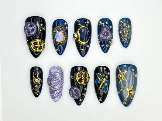 Cosmic Galaxy Press On Nails Celestial Moon Star Nail Art Dark Blue & Gold Mystical Nails Opal Constellation Nail Design OC860H