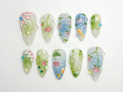 Water Garden Koi Press On Nails Hand-Painted Koi Fish & Lotus Flowers Zen Nature Art Nail Set Calm Pond-Inspired Press Ons OC798HC