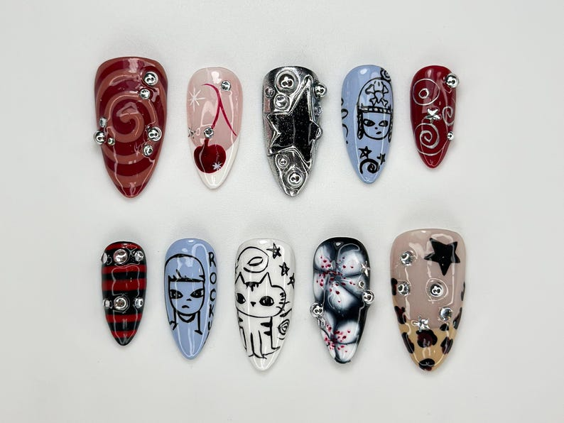 Grunge Cartoon Style Press On Nails Red & Blue Mismatch Nails Handpainted Edgy Punk Art Funky Cartoon Press Ons| Handmade Nail