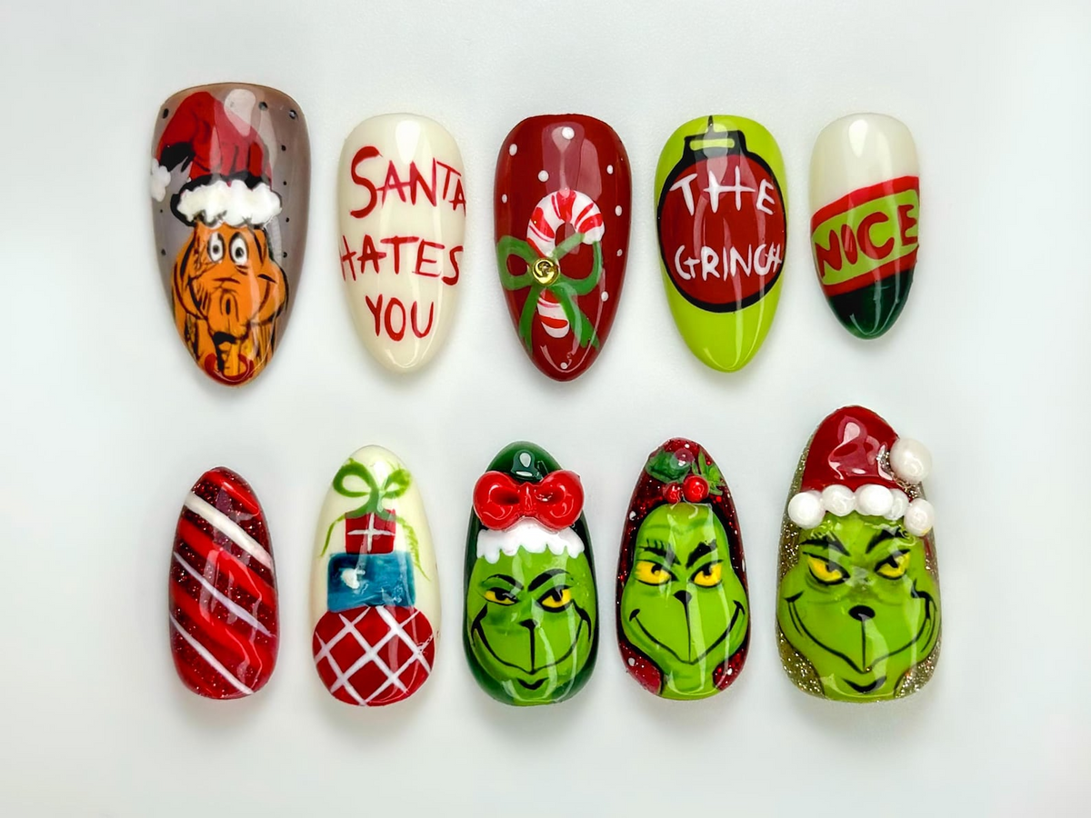 Grinch Mischief Press On Nails For Christmas Cute Cartoon Winter Nail Art Funny Holiday