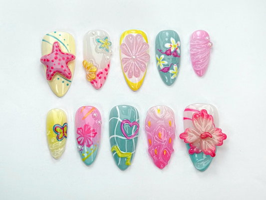 Tropical Summer Press-On Nails Bright Pink & Yellow Nail Art Summer Inspired Nail Design Cute Beach Nail Set Tropical VibesOB738HC