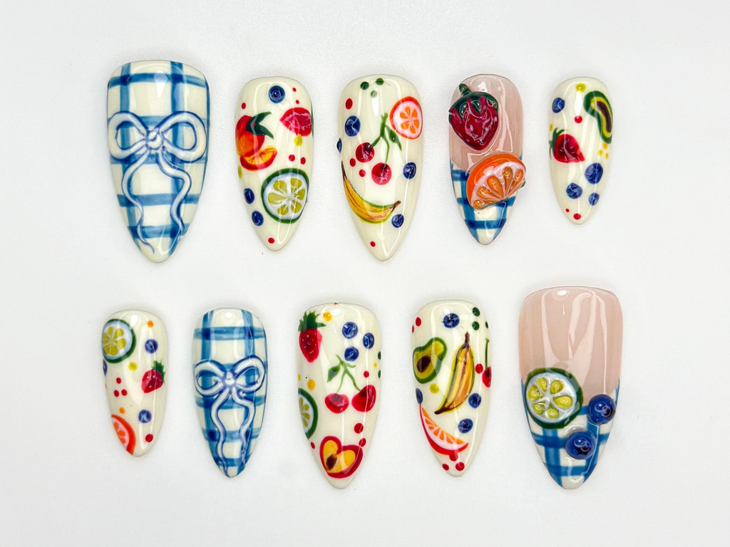 Fruit Picnic Press On Nails Hand-Painted Fruit Nail Art Summer Citrus Nail Design Plaid Bow Cute Press Ons Colorful Nails