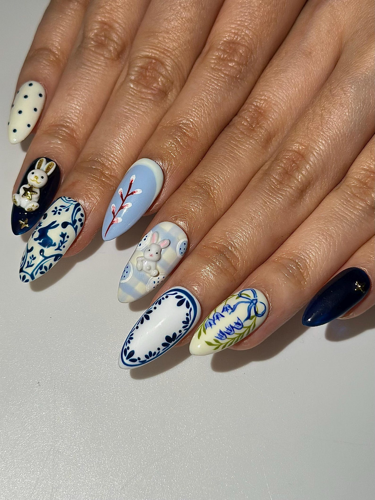 Easter Bunny Blue Press On Nails 3D Rabbit Nail Art Delft Blue Floral Nails Cute Spring