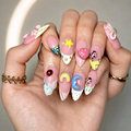 Cute 3D Ladybug Summer Press On Nails Almond • Tropical Pool Party Vibe • Rainbow Star