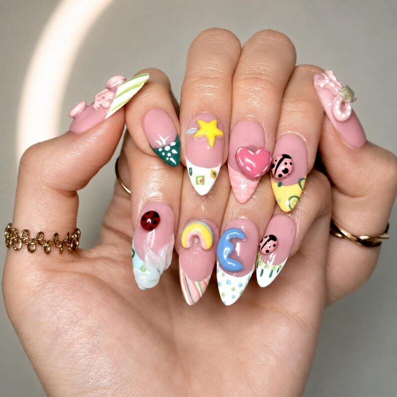Cute 3D Ladybug Summer Press On Nails Almond • Tropical Pool Party Vibe • Rainbow Star